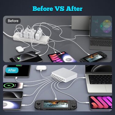 Зарядний пристрій USB-C 210W, багатопортовий (6x USB-C + 2x USB-A) PD 3.0 для iPhone, MacBook, Samsung Galaxy, планшетів - сріблястий