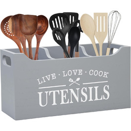 Karisky Kitchen Utensil Holder with Drainage Bottom, Large 3-Compartment Solid Real Wood Utensil Organizer for Countertops, Cooking Tools for Farmhouse Kitchens, (Gray)