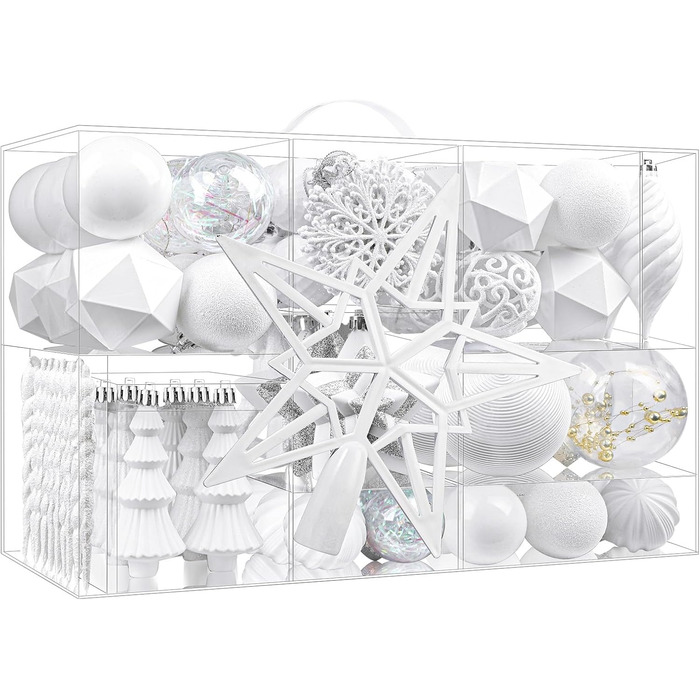 Набір з 100 штучних ялинкових прикрас Shareconn: міцні кульки з гачками, різні розміри та дизайни, для внутрішнього та зовнішнього декору