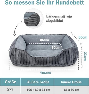 JOEJOY Dog Bed, Medium-Sized Dogs, Washable Dog Basket, Fluffy, Non-Slip Plush Dog Bed, 63x53x20cm, Dog Beds for Small and Medium-Sized Dogs and Cats (L 106 x W 80 x H 23 cm, Grey)
