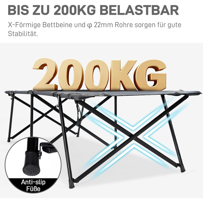 Розкладне ліжко EVER ADVANCED для кемпінгу XXL, 200 кг, сіре. Стабільне, портативне, з кишенею, 214x79x50 см. Для кемпінгу, відпочинку на природі, саду, дому.