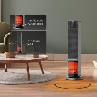 Електричний обігрівач Wintem Tower 800/2000W з LED-дисплеєм, пультом керування та автоосіляцією. Економний, до 20 м², захист від перегріву, чорний.