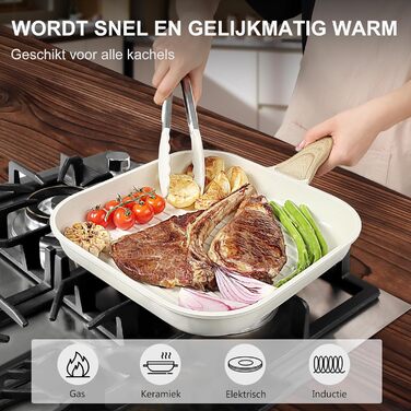 GiPP Гриль-сковорода 28x28 см для стейків, алюмінієва з гранітним антипригарним покриттям, індукція, без PFOA, для всіх плит, біла