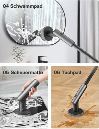HOTO Electric Cleaning Brush with Extension Handle, IPX7 Waterproof, 6 Replaceable Brush Heads – For Floors, Tiles, Glass, and Toilets – Ideal for Bathroom, Kitchen, and Car (Dark Grey)