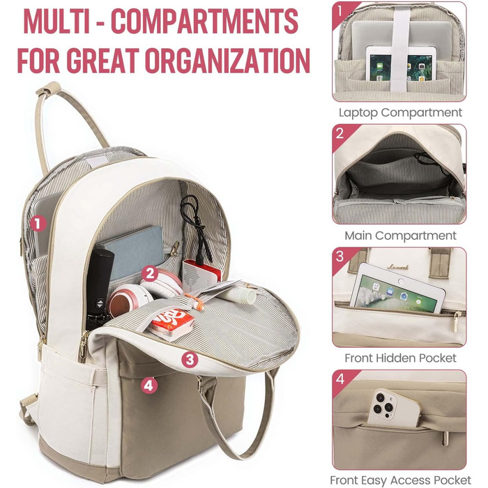 LOVEVOOK Рюкзак для жінок, 17 дюймів, рюкзак для школи, рюкзак для підліток з відділенням для ноутбука, водонепроникний рюкзак для подорожей, роботи, навчання, Khaki Beige, 17.3 дюймів