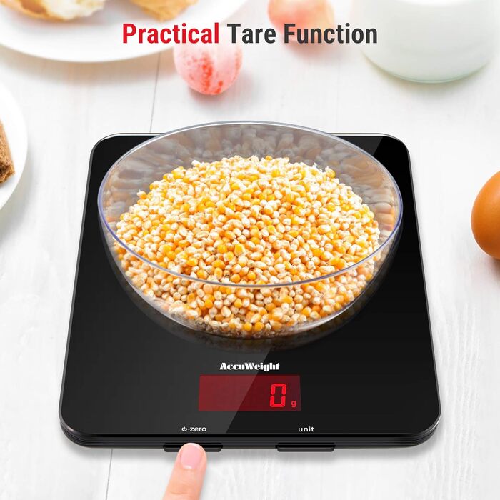 Кухонні ваги ACCUWEIGHT 5 кг з LCD-дисплеєм з міцного скла, функція тарування, ваги для листів, висока точність до 1 г, для випічки, приготування їжі, ювелірних виробів, батарейки в комплекті, автоматичне вимкнення, чорний