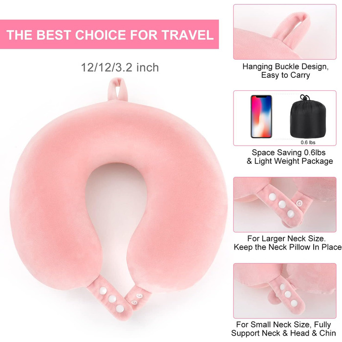 Подушка для шиї TALLGO з Memory Foam, рожева: для подорожей, автомобіля та дому