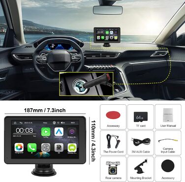 Автомобільна навігація CAMECHO 2025 з 7'' HD дисплеєм, бездротовим CarPlay та Android Auto, Bluetooth, FM-трансмітером, AirPlay, AUX, кріпленням на панель, камерою заднього виду, 64ГБ TF-карта