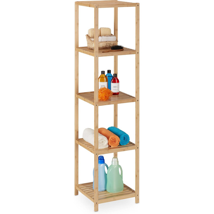 Relaxdays Bamboo Bathroom Shelf, 5 Shelves, HWD: 162 x 38 x 39.5 cm, Freestanding Shelf for Bathroom & Kitchen, Natural