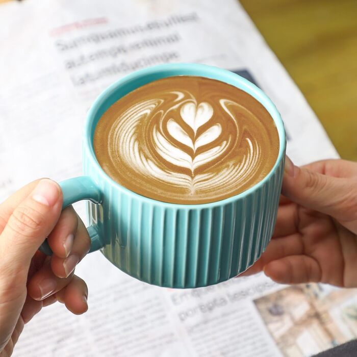 Набір кавових чашок Hasense Porcealin, 4 шт. з підставкою, 425 мл, кераміка, блакитно-зелений колір (Trace Of Paradise), для капучино, чаю, гарячого шоколаду