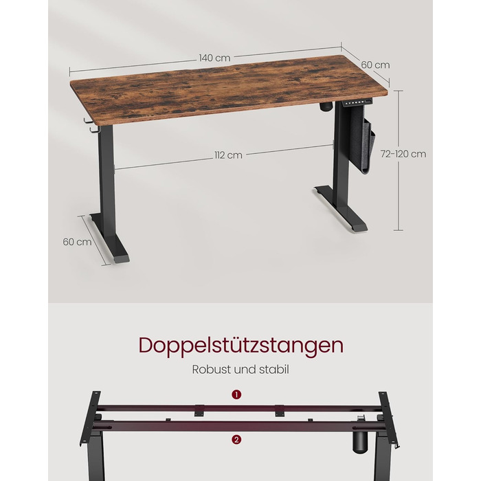 VASAGLE Electric Height Adjustable Desk, 60 x 120 x (72-120) cm, Memory Function, Wood & Steel Frame, Vintage Brown