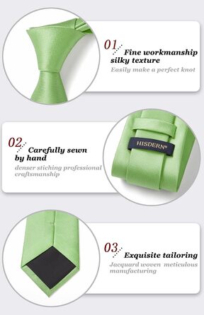 Комплект краватка, хустинка та запонки Hisdern для весілля, однотонний, зелений (Salbei Grün-3)