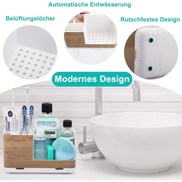 Тримач для зубних щіток у ванну кімнату: органайзер з отвором для стоку, для електричних щіток, знімний, дерев'яний