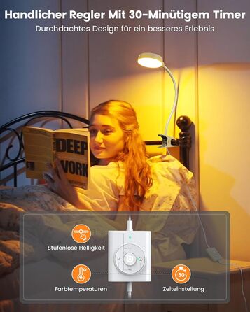 Glocusent 5W LED Лампа для читання на ліжко, кліпса, 3 кольори/5 рівнів яскравості, гнучкий тримач, CRI 90, USB зарядка (біла)
