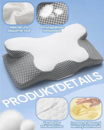 Ортопедична подушка для шиї з Memory Foam, Ergonomische, 2 висоти, для сну на боці, спині та животі, сірого кольору