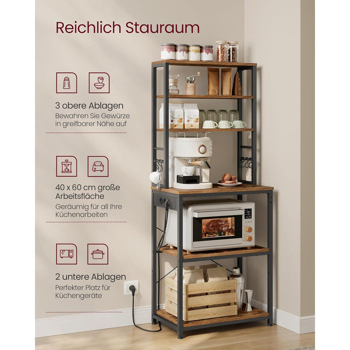 Стелаж кухонний VASAGLE з розетками, 6 полиць, гачки, сталевий каркас, 40x60x167 см, золотий дуб + білий