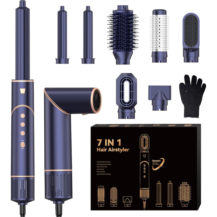 Фен-щітка Air Styler 7 в 1: іонізація, складний, 110,000 обертів, для укладання, локонів, випрямлення, блакитний