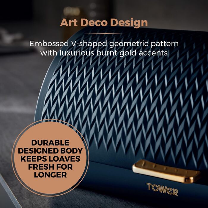 Хлібниця Tower Empire з кришкою-роликом, нержавіюча сталь та латунь, синій колір Midnight Blue