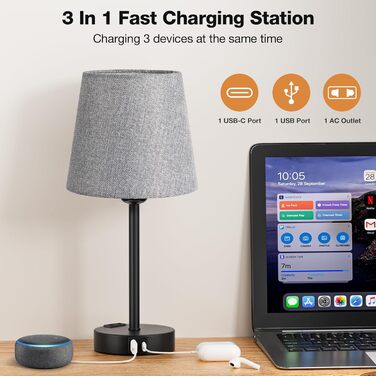 Настільна лампа Kakanuo з торшером, 2 шт., з USB-портами A+C, диммер, LED, для спальні, вітальні, дитячої кімнати, офісу (сірий/чорний)