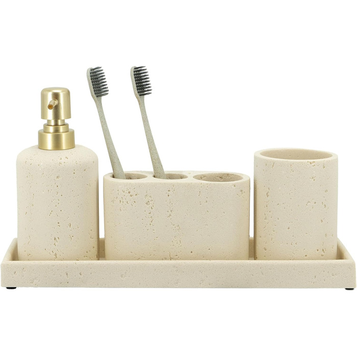 ZCCZ 4-Piece Bathroom Accessory Set, Black, with Soap Dispenser, Toothbrush Holder, Bathroom Cup, and Vanity Tray, Decorative Countertop Organizer (Beige 4pcs)