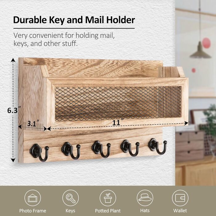 Brief and key holder for wall decoration, 27.9 cm (11 inches) wooden wall key organizer with 5 key hooks, wall mount, storage shelf for entryway, hallway (white) (wood)