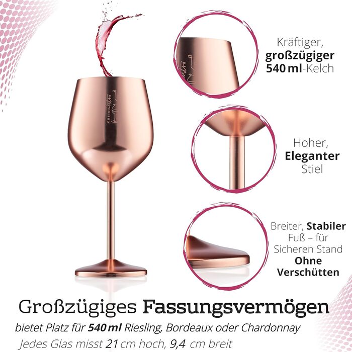 Набір келихів для вина Gusto Nostro з ніжки з нержавіючої сталі (4 шт.) 540 мл, рожеве золото, для шампанського та коктейлів