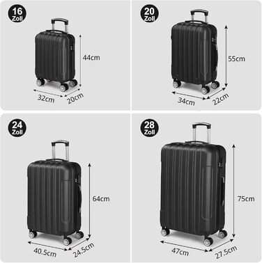 Набір валіз LALAHO 3/4/5 шт. з косметичками, чорний, ABS пластик