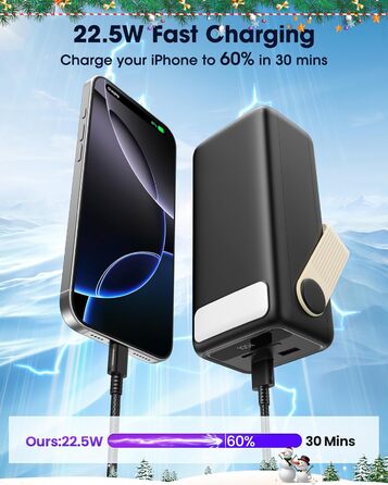 Портативний зарядний пристрій Power Bank 60000mAh з LED-ліхтариком, 22.5W, PD20W, для iPhone/Android, чорний