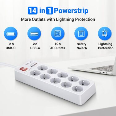 Мережевий фільтр 8 розеток з USB C, захист від перенапруги, адаптер з 2*USB A та 2*USB C, мережевий роз'єм для стіни з подвійним вимикачем, кабель 1.5м чорний (білий)