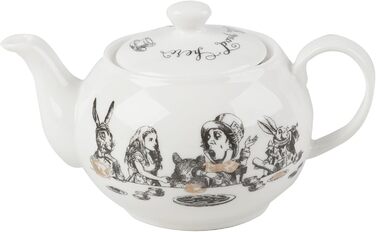 V&A Alice in Wonderland Teapot, pitcher for serving tea, water jug, pot with lid, intricately painted ceramic design, 450 ml, white