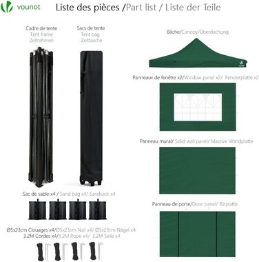 VOUNOT Gazebo 3x3m Waterproof Stable Winterproof, Pop Up Folding Gazebo with 4 Side Walls and 4 Sandbags, Party Gazebo Folding Garden Tent Party Tent, (Green)