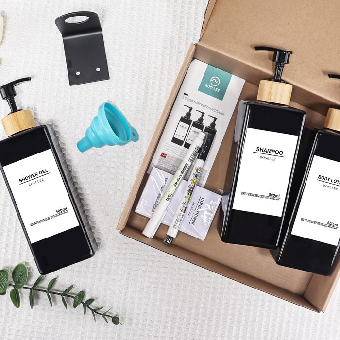 Настінний дозатор для мила Roselee (3 шт.), 500 мл - для ванної кімнати, без свердління, для шампуню, гелю для душу, з етикеткою (Чорний-3)