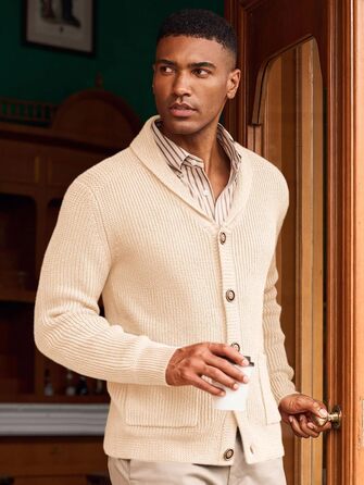 Чоловічий в'язаний кардиган Runcati з коміром-шарфом, рельєфним візерунком, ґудзиками, для зими, великий, з кишенями (M, Бежевий)