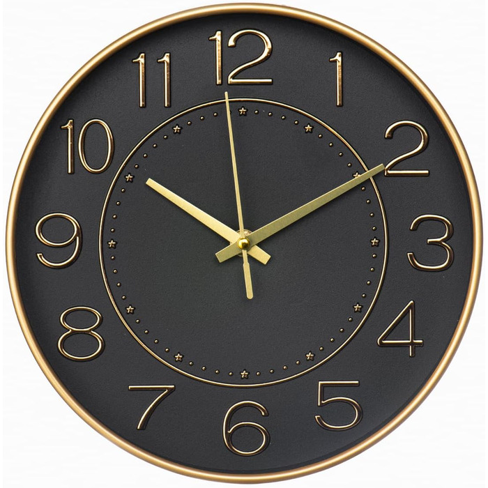 HZDHCLH Funk Wall Clock Silent No Ticking 25 cm Easy-to-Read Clock for Kitchen, Living Room, Bedroom, Bathroom, Home Office (Black Gold)