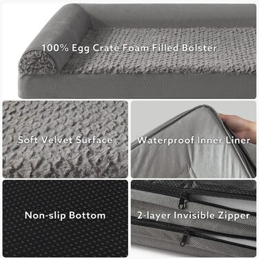 FURTIME Orthopedic Dog Bed for Large Dogs - Ergonomic Dog Cushion - 89x64 cm Dog Sofa, Washable Dog Cushion (Dark Grey, L - L 89 x W 64 x H 17 cm)