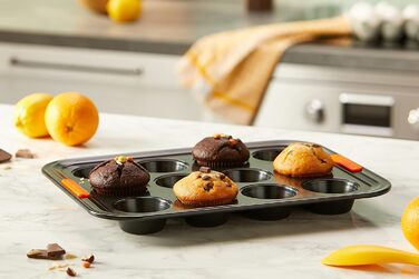 Le Creuset Non-Stick Muffin Tin, For 12 Pieces (Ø 7 cm), Sourdough Safe, Made of Carbon Steel, Anthracite/Orange, 94100140000000