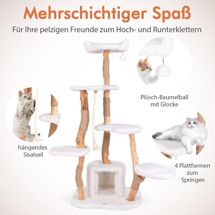 Дерев'яний кігтеточки для котів Costway 87см з гамаком та джутовими стовпчиками, з м'якими сидіннями, білий, 2 стовпчики (3 стовпчики з печереєю)