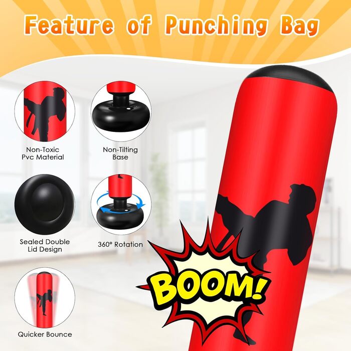 Боксерський мішок для дітей Ninonly з рукавичками та насосом. Ідеально для дому, вулиці, спортзалу від 6 років. Червоний.