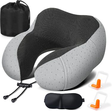 Подушка для шиї у літак - подушка для подорожей з регулюванням Memory Foam - подушка-вишенка з м'яким, дихаючим чохлом - ідеально для кемпінгу, офісу, авто, літака, подушка для сну (Сірий)