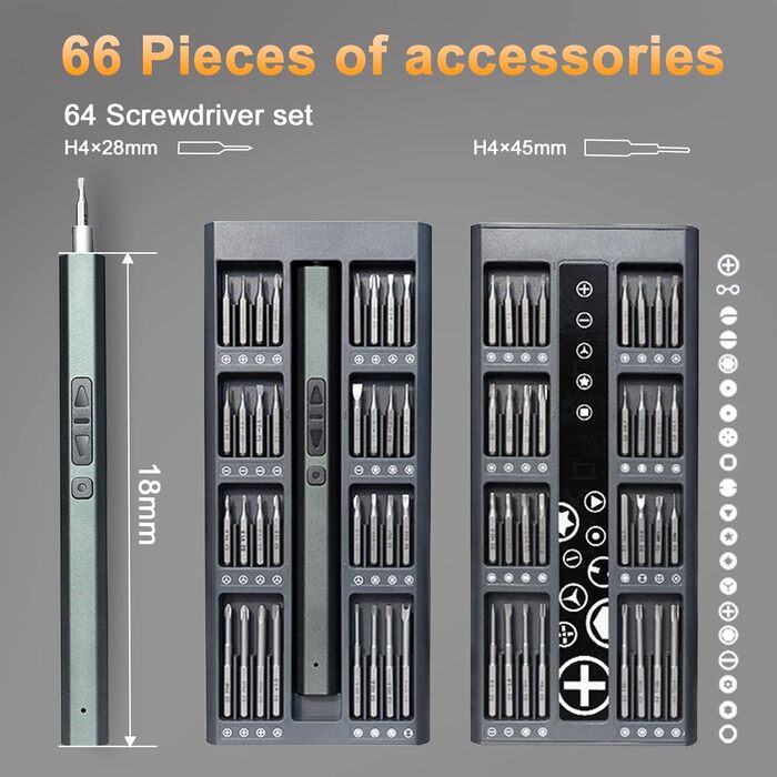 Електрична викрутка 66 в 1 з LED-підсвічуванням, магнітна, для ремонту PC, iPhone, iPad, Switch, PS4, Xbox, Laptop, Macbook, Computer, окулярів, годинників