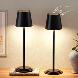 Настільна лампа бездротова акумуляторна 5200mAh, металева, з димером та регулюванням висоти, водонепроникна для дому та вулиці (2 шт. чорні з дерев'яними елементами)