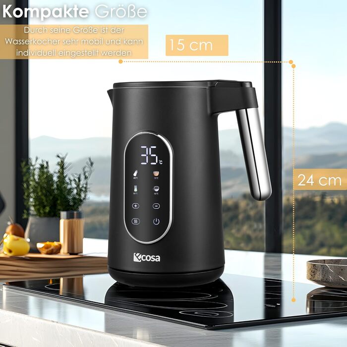 Електричний чайник-заварник зі сталі з регулюванням температури 40-100°C, 1.7 л, 2200 Вт, без BPA, з підігрівом та LED дисплеєм (чорний)