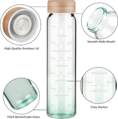 1 Liter Drinking Bottle Glass with Straw & Time Marker, 1L Motivational Glass Water Bottle with Protective Sleeve, Borosilicate Glass Bottle for Carbonated Drinks, Leak-Proof (Gradient Green)