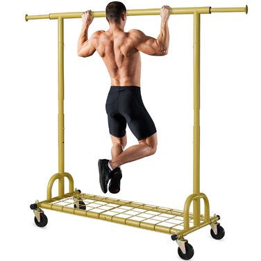 Стійка для одягу HOKEEPER на колесах, важка, подвійна, до 283 кг, промисловий дизайн, з полицею та кошиком для білизни, регульована довжина та висота (S002GD)