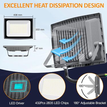 Світлодіодний прожектор HOOLED 100W 10000lm 6500K IP65 для вулиці, саду і тераси, високий CRI80+, потужне водонепроникне освітлення (2 шт, 300W)