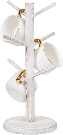 Dorho Cup Holder, Tree, Coffee Cup Holder with 6 Hooks, Wooden Cup Holder for Countertop, Coffee Bar Accessories and Organizer Station, White (Rustic White)