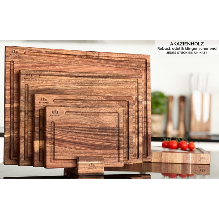Premium Cutting Board Wood 4-Piece Set (40x30, 33x24, 27x18, 21x15) | Includes Cutting Board Stand | Wood Cutting Board Kitchen | Cutting Board Set Made of Robust Acacia Wood