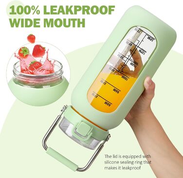 BLUEGO 2000ml Glass Water Bottle with Stainless Steel Handle and Time Marker 2L Motivation Glass Dryer with Silicone Case and Straw for Gym, Office, Outdoors, Sports Water Bottles BPA-free, (Light Green)