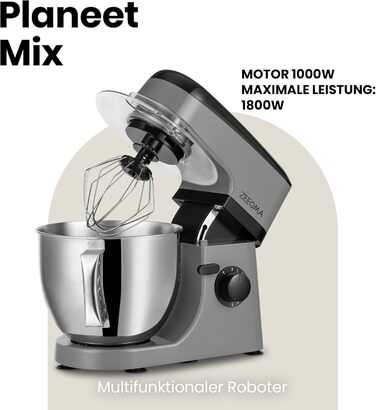 Кухонна машина ZEEGMA 2200W з чашею 6.5 л з нержавіючої сталі, 7 швидкостей, планетарний міксер, для тіста та інших продуктів
