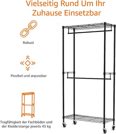 Amazon Basics Clothes Rack with Upper and Lower Shelves, 91 x 45.6 x 180.2 cm (Black, Double)